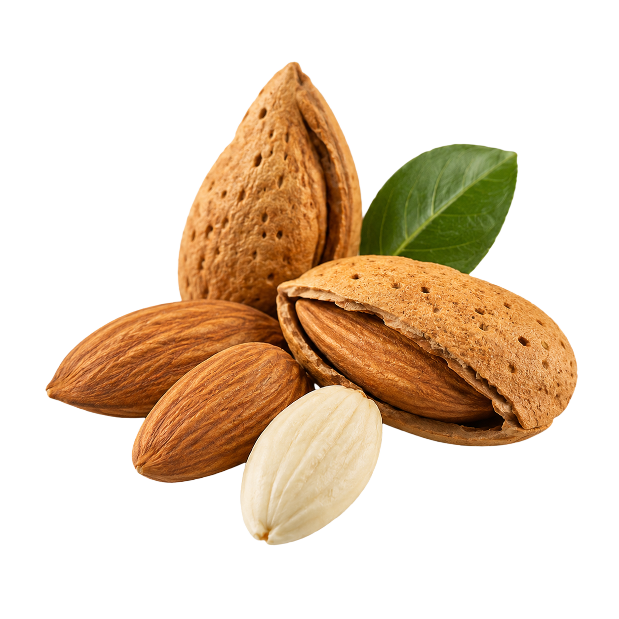 Mandorle pugliesi con guscio e foglia